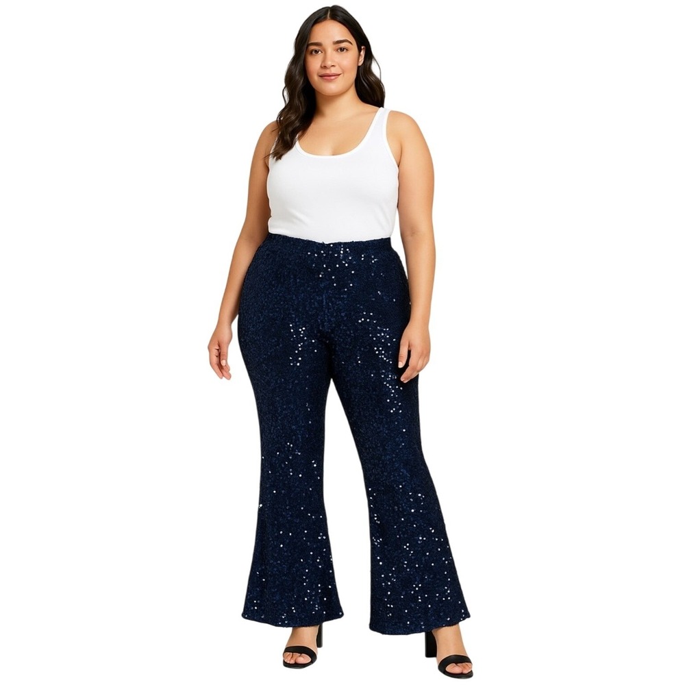 WHITEROOM‎ CACTUS Sequin Flare Pants Navy Blue XL